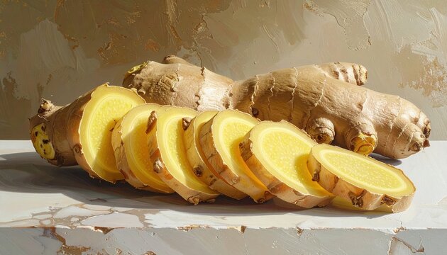 Fresh ginger slices arranged beside whole root