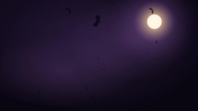 A cinematic Halloween atmosphere showing a choreographed swarm of stylized bats flying through a deep moonlit atmospheric environment with 3D parallax depth.
