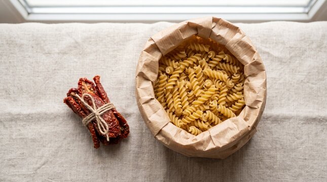 Pasta bundles tied string, dried chili peppers, paper bag on linen cloth, natural light