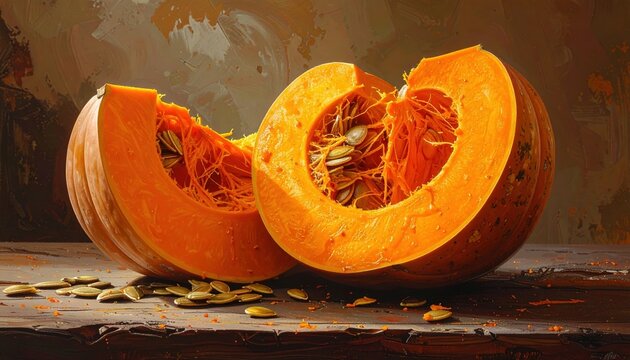 Fresh pumpkin showing vivid orange flesh and natural seeds