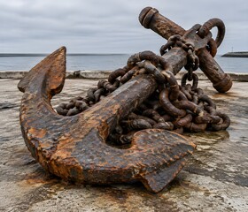 Fototapeta premium Large ship anchor lying on a stone quay with heavy iron chain