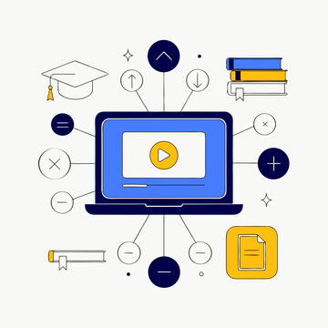 Online education concept with digital learning laptop and academic study resources