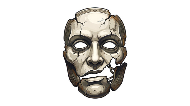 Damaged stone mask with cryptic carved symbols isolated on transparent background for fantasy rpg game icon and mysterious archaeological artifact.