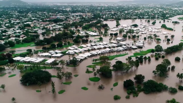 Aerial view of severe flooding affecting homes in a city in Australia.

