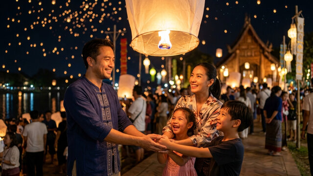 Happy Asian family releasing a floating lantern during the Yi Peng festival in Chiang Mai Thailand.