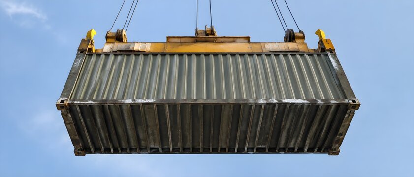 Spreader bar holding shipping container aloft over industrial quay