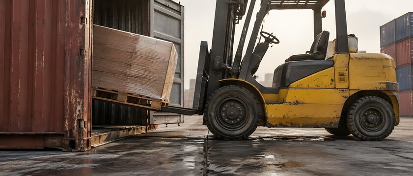 Forklift loading pallet into open shipping container on ground