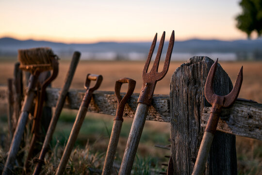 Assortment of vintage farming implements displayed on a weathered wooden fence overlooking open farmland, soft sunrise