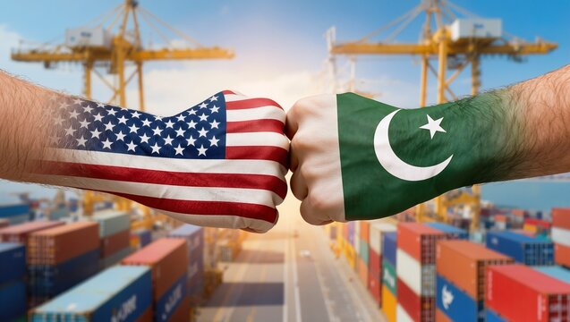American and Pakistani flag fists clashing over container port, trade war, tariffs