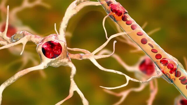 Astrocytes, 3D animation. Star-shaped glial cells contacting a cerebral blood vessel, supporting neurons and contributing to the blood-brain barrier and brain homeostasis.