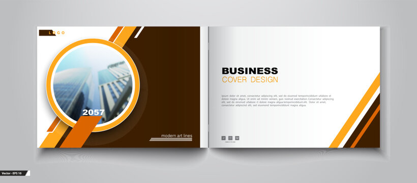 Brown and yellow cover design, business brochures. Business center, A4. Abstract geometric lines, text, information banner. Title page set of templates and flyers, business card layout. Vector illustr