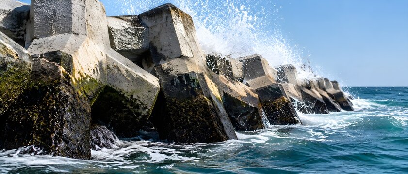 Concrete breakwater blocks protecting coastline from crashing ocean waves with salty sea spray
