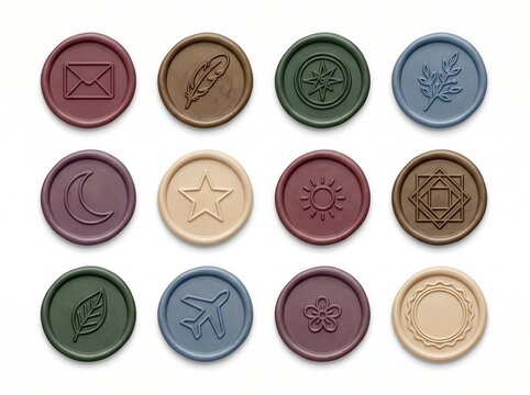 Set of twelve colorful wax seals with various vintage embossed symbols and icons