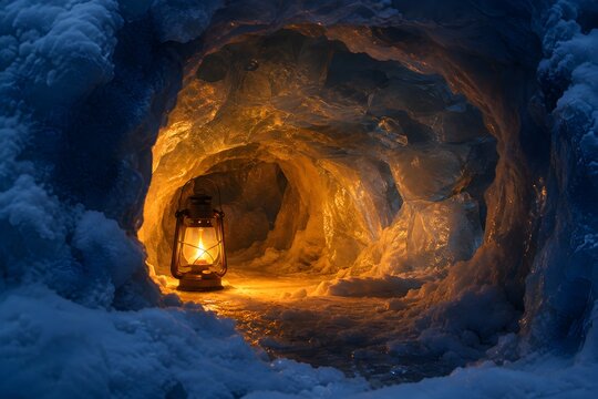 Kerosene lantern glowing inside a snow cave with warm flame flaring on carved ice walls