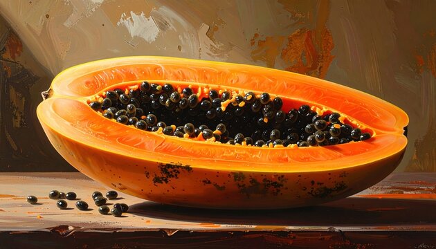 Fresh papaya half showing orange flesh and black seeds