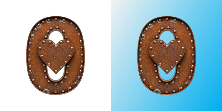 Rusty metal letter O with heart shape cutout and rivets