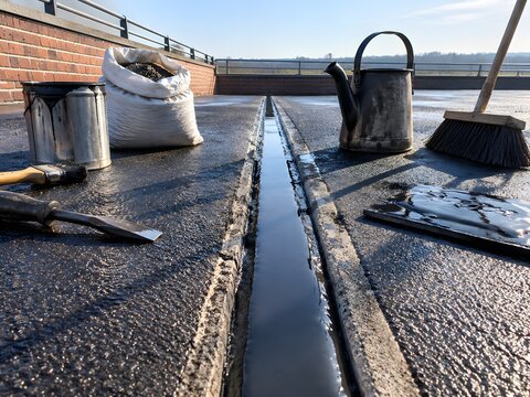 Fresh pourable sealant poured into an expansion joint across a brick parapet bridge deck cut out and primed for maintenance repair