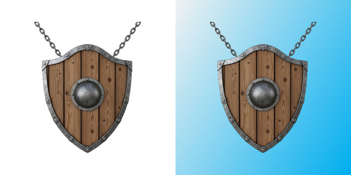Medieval wooden shield with steel trim hanging by chains