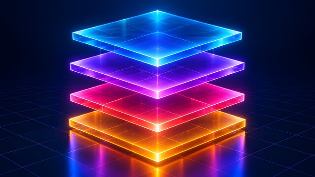 Glowing digital layers stacking concept representing technology stack and data architecture