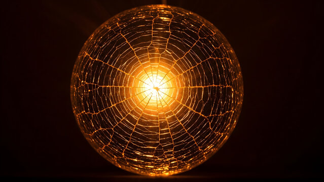 Glow of an Illuminated Cracked Glass Sphere Featuring Intricate Web Patterns in Warm Golden Tones for Elegant Home Decor Lighting Design Concepts