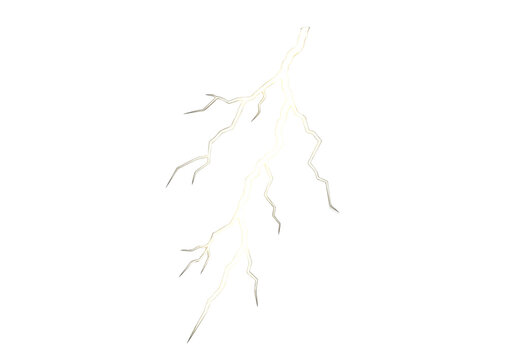 Thin yellow lightning bolt with branching forks and glow effect isolated on white background