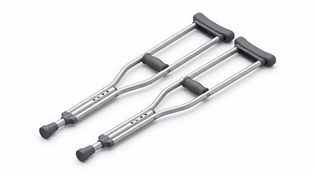 Pair of adjustable medical underarm crutches for mobility support and rehabilitation, professional orthopedic equipment for walking assistance, isolated on white background