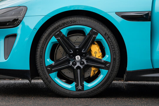 Minsk, Belarus - October 4, 2026 Wheel of Xiaomi SU7 electric sedan, close up of a sport car