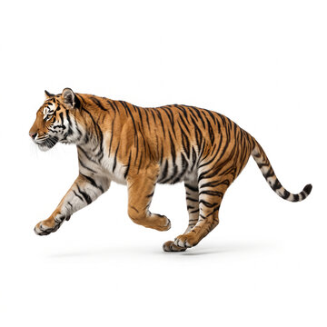 Full body realistic tiger isolated on white background, high-resolution wildlife stock photo