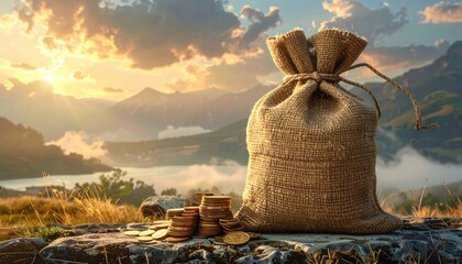 Obraz premium Natural jute financial bag representing savings and wealth