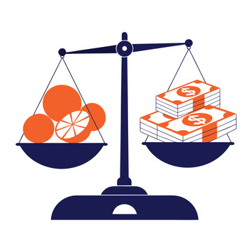 Balance scale with oranges and money illustration