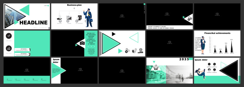 Green presentation design template on white background. PowerPoint, business project, photo, set. Businessman analyzes financial income. Use in annual report, marketing advertising. Vector infographic