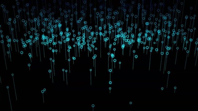 黒い空間に浮かぶ青緑の光の粒子と縦の光線