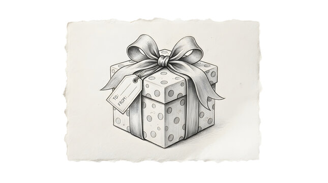 A detailed pencil sketch of a polka dot gift box with a large bow and a blank gift tag, isolated on transparent background