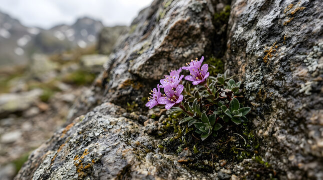 Delicate purple alpine flowers with glistening water droplets and vibrant yellow stamens, isolated on transparent background, ideal for nature-themed designs, digital art, branding, and elegant dec