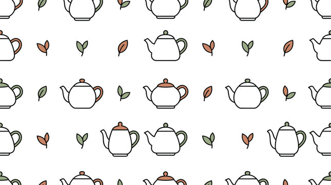 Cute teapots and tea leaves seamless pattern in earthy colors.