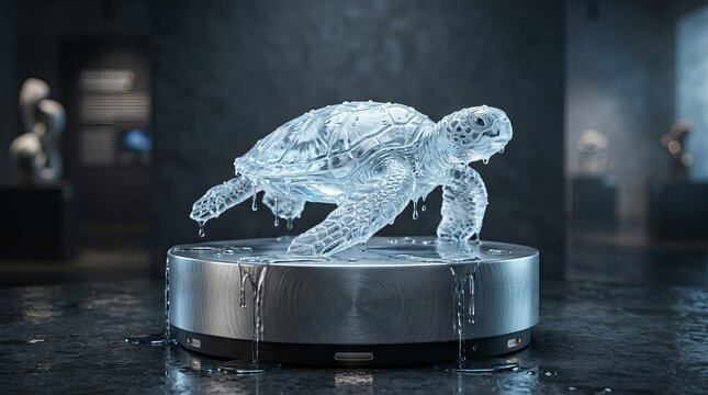 Transparent glass turtle sculpture resting on a round metallic pedestal