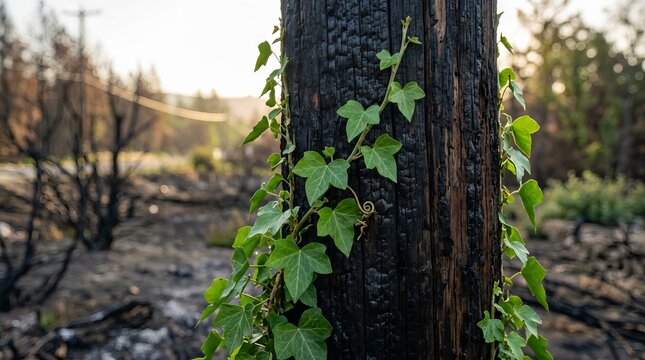 Vibrant green ivy vines climbing up a charred black wooden pole amid a burnt forest landscape after a wildfire disaster
