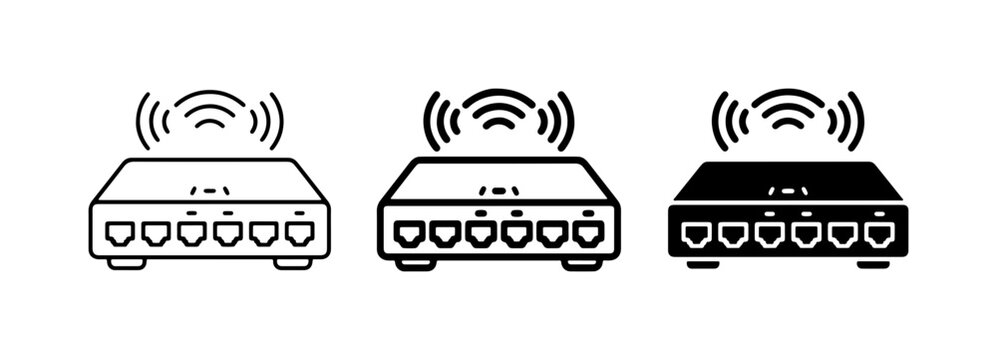 Network switch icons set with RJ45 ports and Wi-Fi signal for technology and connectivity