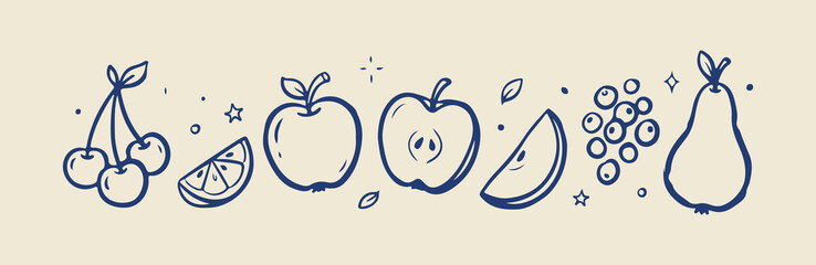 Hand-drawn fruit line art collection, minimalist navy blue doodle icons of apple, pear, cherry, and citrus, organic food vector set for packaging © Once Again