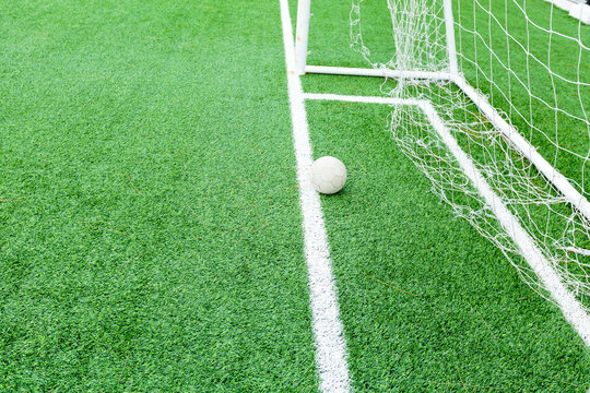 Football futsal ball no goal. law of futsal is The ball has fully crossed the goal line. Sport Futsal background. outdoor Soccer Winter League.