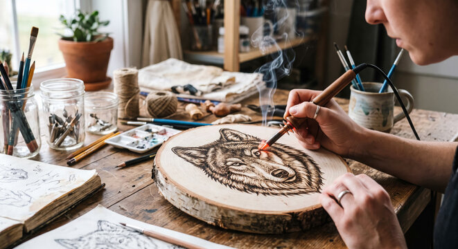 Wood burning art of howling wolf portrait being meticulously detailed with pyrography pen on tree trunk slice