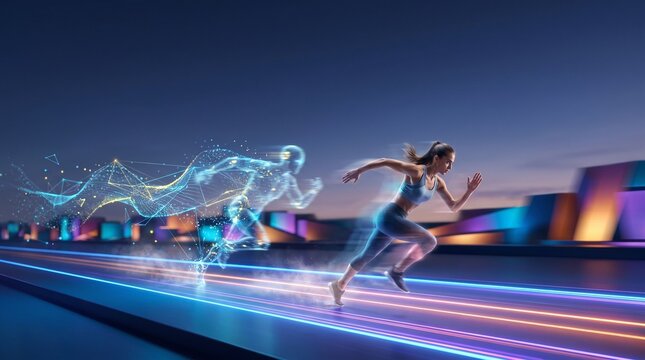 Female athlete sprinting fast on city track with digital motion blur