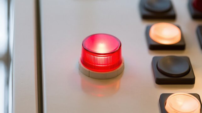 Glowing Red Warning Lamp on Industrial Control Panel with Buttons