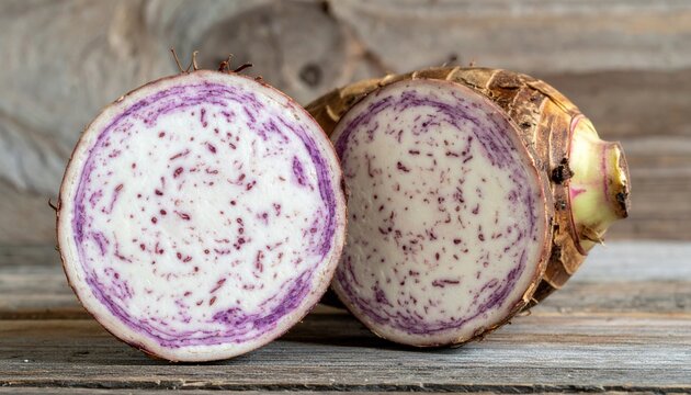 Purple speckled taro showing creamy interior