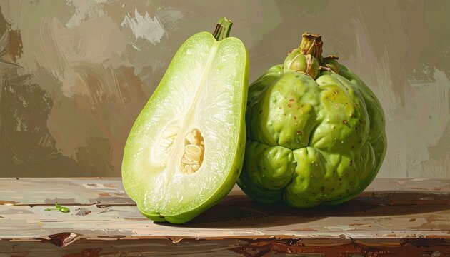 Chayote whole and halved showing pale flesh