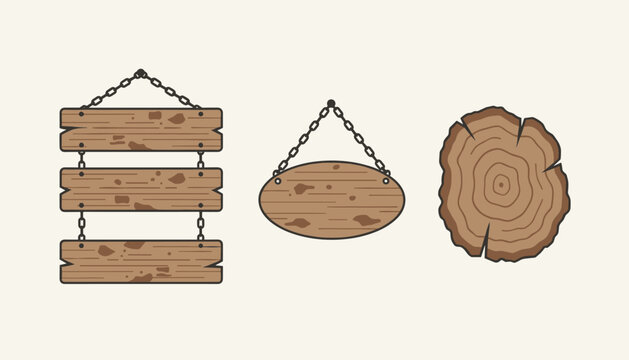 Wooden signs and wood slice set vector illustration