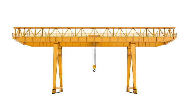 Yellow industrial gantry crane with lifting hoist isolated on transparent background PNG element