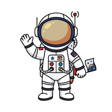 Cute cartoon astronaut character waving hand and holding a flag in space suit