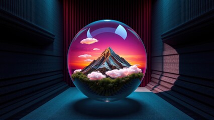 Fototapeta premium Mountain landscape inside glass sphere. Dramatic lighting, futuristic tunnel creates striking visual effect. Vivid colors, serene scene.