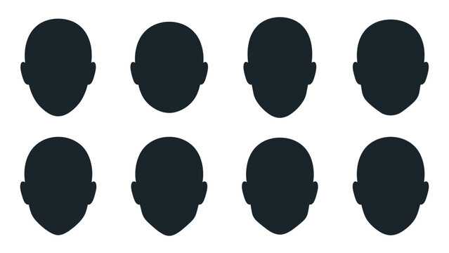 Black human head silhouette collection featuring various blank face shapes for anonymous profile avatars and user placeholders.